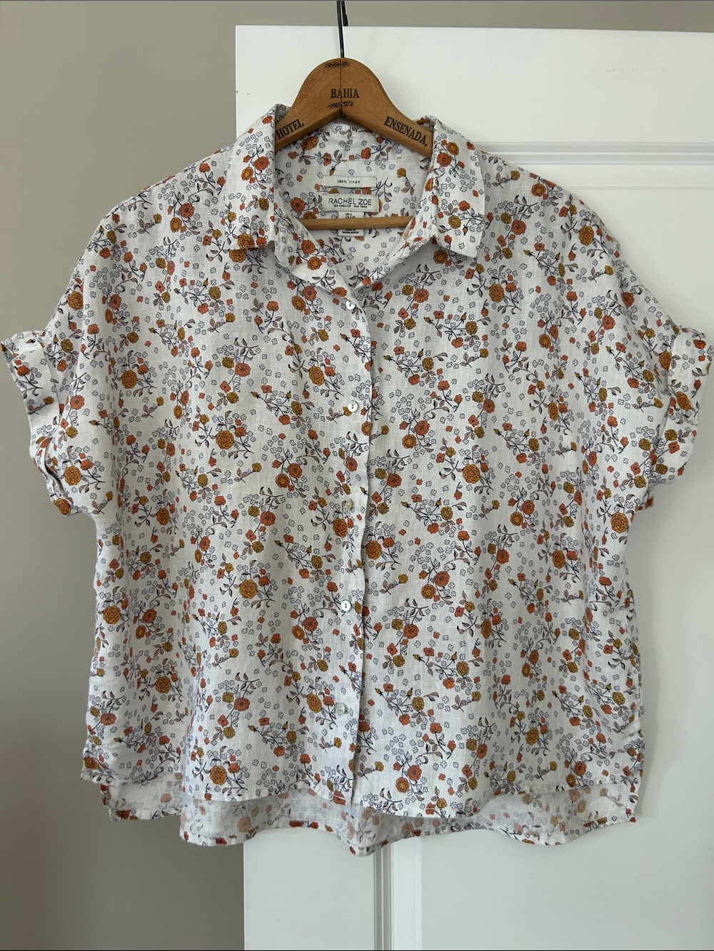 Rachel Zoe Boxy Floral Linen Blouse Sz L w MEASUREMENTS Cap Sleeves Shell Button - Picture 3 of 10